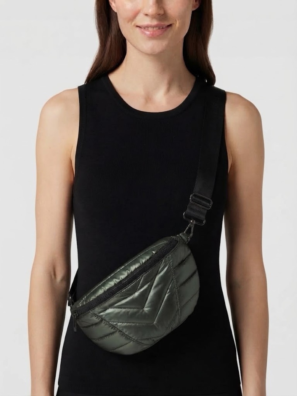 THINK ROYLN - Quilted Crossbody Belt Bag in Gun Metal Green